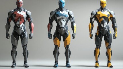 Fototapeta premium Three robotic figures in colorful armors standing in a row on a neutral background