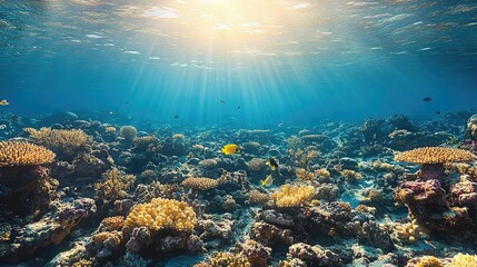 Vibrant Coral Reefs: Underwater Scene with Sunbeams, Fish