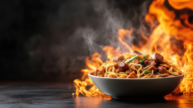 An appetizing bowl of stir-fry noodles is enhanced by vibrant flames and smoke, symbolizing excitement and flavor in cooking, showcasing culinary art at its best.