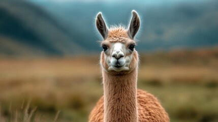 Obraz premium A young llama with a fluffy coat stands confidently in a lush natural setting, embodying innocence and the beauty of wildlife in a harmonious environment.