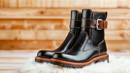 These classic black boots are displayed against a rustic wooden background, highlighting their craftsmanship, perfect for those with an appreciation for quality and style.