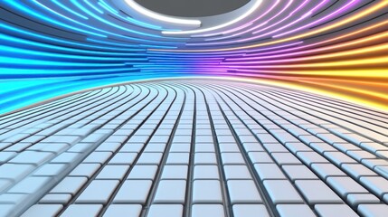 Abstract backdrop with colorful light arcs over a geometric floor. Can be used for presentations