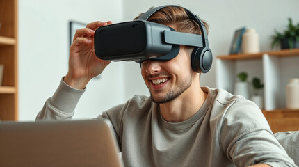 Young man talking while using VR headset and laptop for online meeting in metaverse at home
