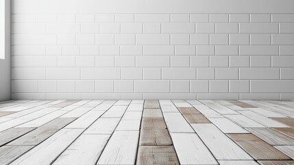 Fototapeta premium White brick wall with rustic wooden floor in minimalistic interior design