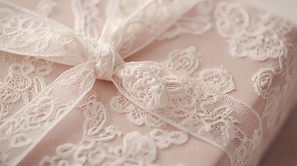 Fototapeta premium Elegant gift: pale pink package adorned with delicate lace and ribbon, presenting a luxurious and romantic gesture.