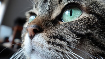 Close-up of a cat&rsquo;s face with green eyes and striped fur