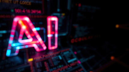 Obraz premium Abstract neon technology background with AI text and programming codes with blueprint outlines on black background