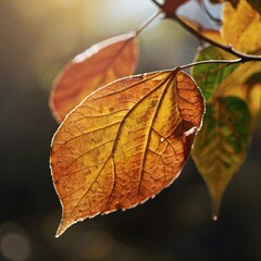 Obraz premium Leaves with autumn colors, sunlight, close-up photo.