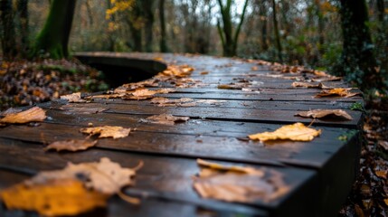 This picturesque pathway, blanketed in colorful autumn leaves, meanders gracefully through a tranquil forest, inviting wanderers to explore nature's seasonal beauty and peace.
