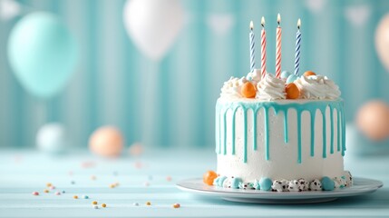 An elegant birthday cake featuring orange and blue accents, topped with fluffy frosting and candles, ideal for chic celebrations and special occasions.