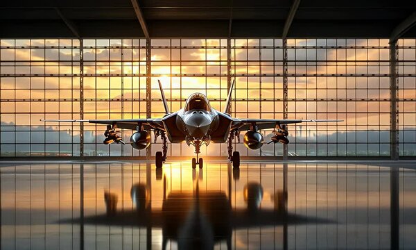 F-35 Lightning II Stealth Fighter Jet at Sunset in Hangar