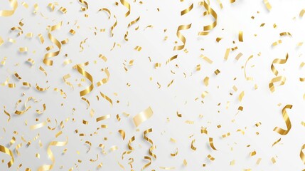 gold confetti ribbons falling on pale background creating atmosphere with scattered metallic streamers copyspace concept of celebration, event planning, marketing