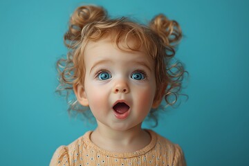 A portrait a surprised and smiling toddler girl, her bright expression captured against a soft blue background as she looks directly at the camera.