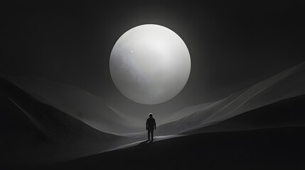 Black and white art, silhouette of a man walking in the distance on a sand dune towards an abstract

