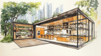 Fototapeta premium Open-Air Modern Kitchen Design with Lush Greenery Interior,sketching,copic,water color