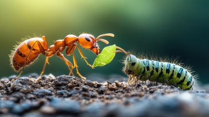 An ant interacts with a striped green caterpillar over a leaf, depicting an intimate moment in nature that highlights how different species can coexist and support each other.