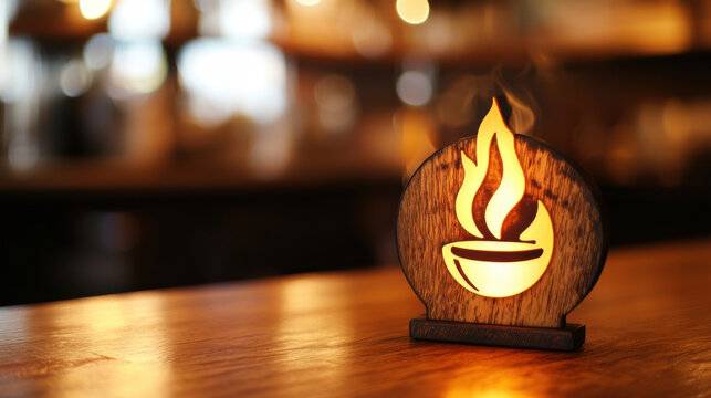 hot coffee warning symbol on wooden cafe counter, creating warm and inviting atmosphere. design features steaming cup, perfect for coffee lovers - Powered by Adobe