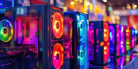 A row of colorful gaming PC cases on display in an electronics store, showcasing different styles
