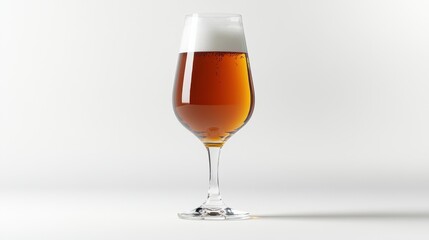 Elegant tulip glass with amber beer and frothy head on white background
