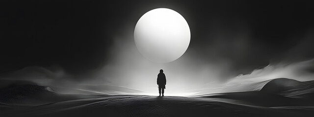 Black and white art, silhouette of a man walking in the distance on a sand dune towards an abstract
