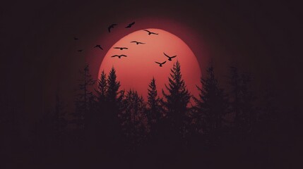 Silhouette of Birds Flying over Pine Trees Against a Red Sunset