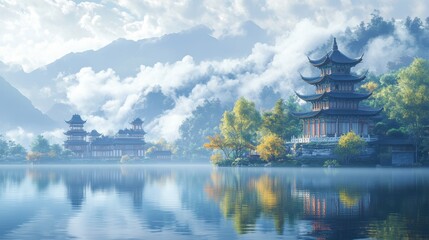 Serene misty mountain lake with traditional pagodas surrounded by autumn trees