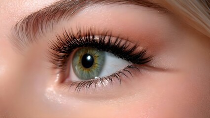 Obraz premium A close-up of an eye with striking green and brown iris colors, featuring long eyelashes and smooth skin around the eye. Concept Close-Up Photography, Striking Iris Colors, Eye Detail