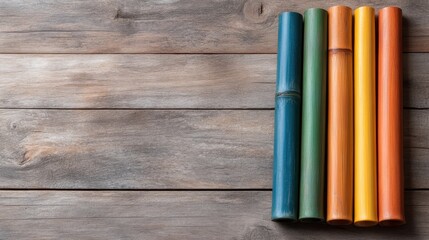 An artistic arrangement of four colorful bamboo tubes displayed on a rustic wooden surface. The natural textures heighten the visual contrast and suggest creativity in nature.