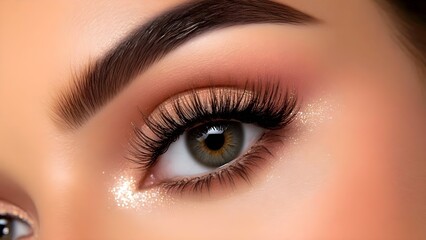 Obraz premium A close-up of an eye featuring dramatic eyelashes, well-defined eyebrows, and a soft makeup look with a sparkly highlight. Concept Eye Details, Dramatic Eyelashes, Well-Defined Eyebrows