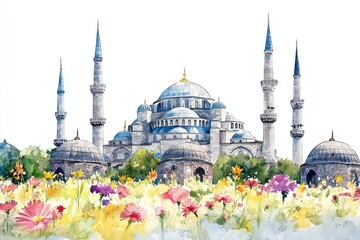 Naklejka premium Blue Mosque in Istanbul illustration watercolor landmark.