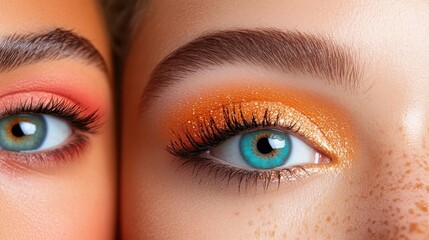 Obraz premium A striking image showcasing two pairs of eyes with differing beautiful makeup styles, emphasizing the artistry and creativity in cosmetic application.