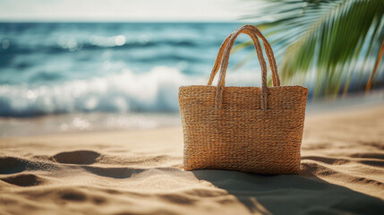 Handmade raffia tote bag resting on golden sand by ocean, evoking serene beach vibe. Perfect for summer outings and coastal adventures