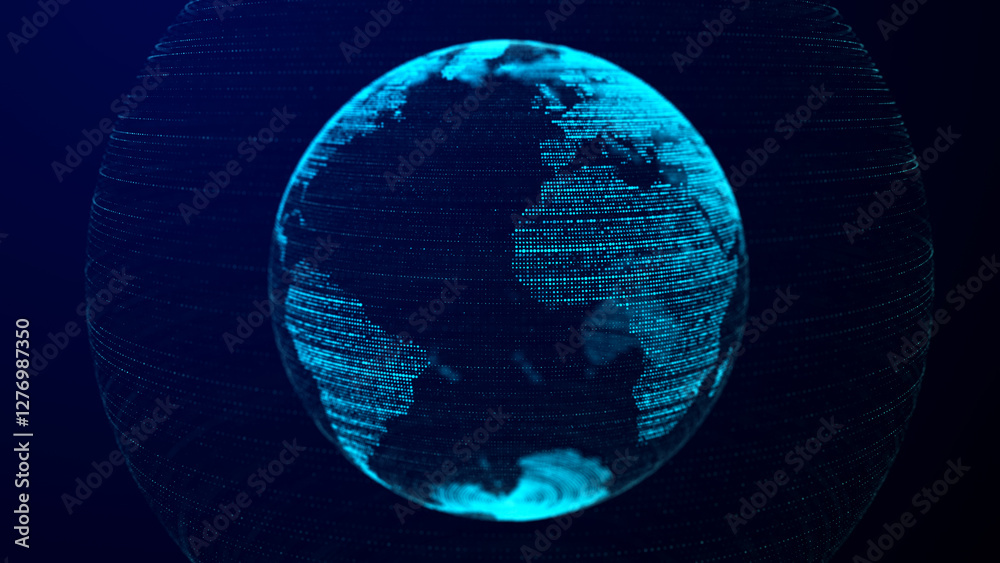 Poster Global world network concept. Safety wireless network connection technology. Big data analytics and visualization. Science background with blue planet Earth. 3D rendering.