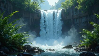 Waterfall framed by ferns, powerful mood, thundering water, vibrant tropical landscape