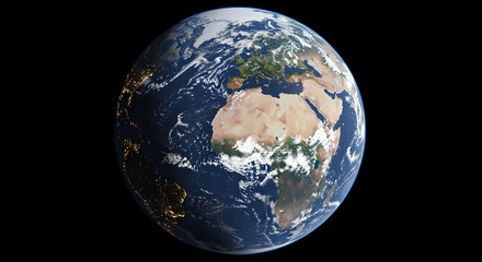Fototapeta premium Planet Earth view from space showing Africa, Europe and Middle East. Natural satellite photo of our blue planet with clouds, oceans, and continents. Global environment and climate concept