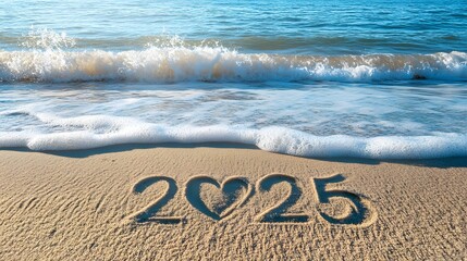 The essence of a fresh start and new beginnings. The year "2025" is artistically etched into the golden sand, with a heart symbol replacing the zero, adding a touch of warmth and optimism.