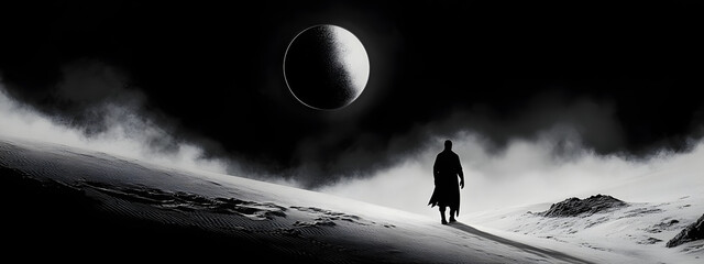 Black and white art, silhouette of a man walking in the distance on a sand dune towards an abstract
