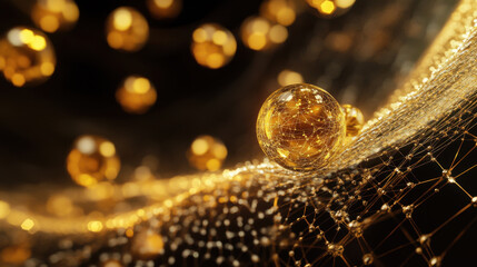 Golden molecules interact in dynamic network, showcasing beauty and complexity. This macro shot captures essence of molecular interactions in stunning visual display