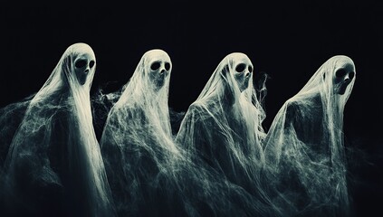 Obraz premium A row of four ghosts with white hair and black eyes, floating in the air, their faces visible