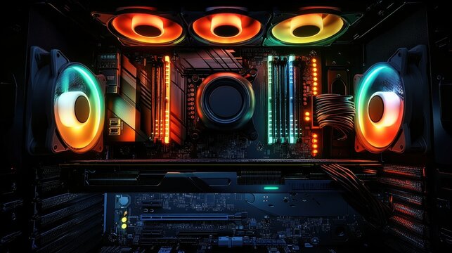 Illuminated gaming pc interior with rgb lighting and cooling fans