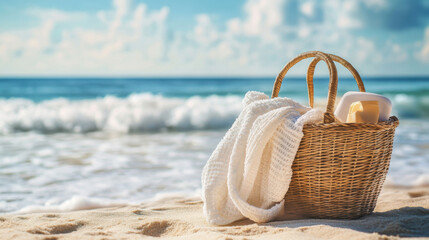 woven beach bag rests on sand, accompanied by towel and sunscreen, evoking serene summer day by ocean