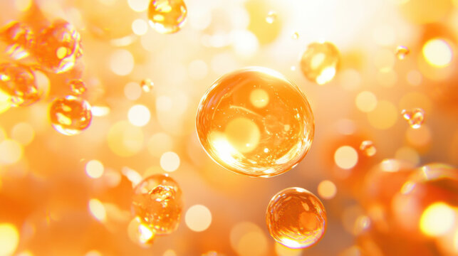 Glowing amber liquid with suspended vitamin E molecules, creating vibrant and luminous effect. scene captures essence of beauty and wellness