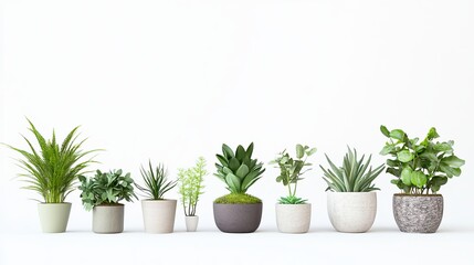 Obraz premium various potted plants arranged in a neat row on a clean white background. 
