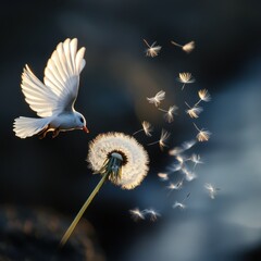A white bird in flight near a dandelion, scattering its seeds in the wind, symbolizing freedom, hope, and new beginnings.