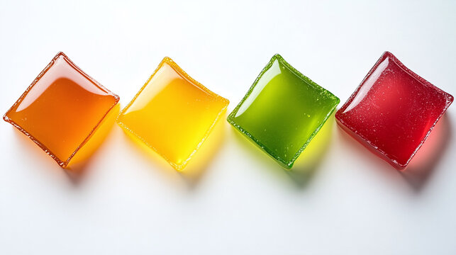 Colourful square jelly collection, green, yellow, orange and red, isolated on a white background.