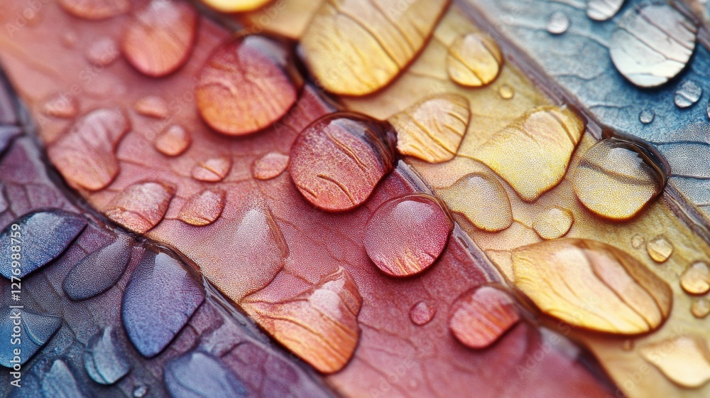 Aufkleber close-up of textured surface with droplets reflecting light in natural tones showcasing nature's int