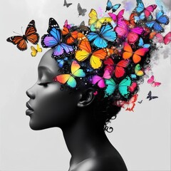 Black-and-white portrait of a woman with colorful butterflies forming her hair, symbolizing transformation, freedom, and creativity.