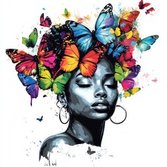 Artistic black-and-white portrait of a woman with a crown of colorful butterflies, symbolizing growth, freedom, and imagination.