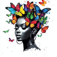 Artistic portrait of a woman with vibrant butterflies integrated into her hair, symbolizing beauty, freedom, and transformation.