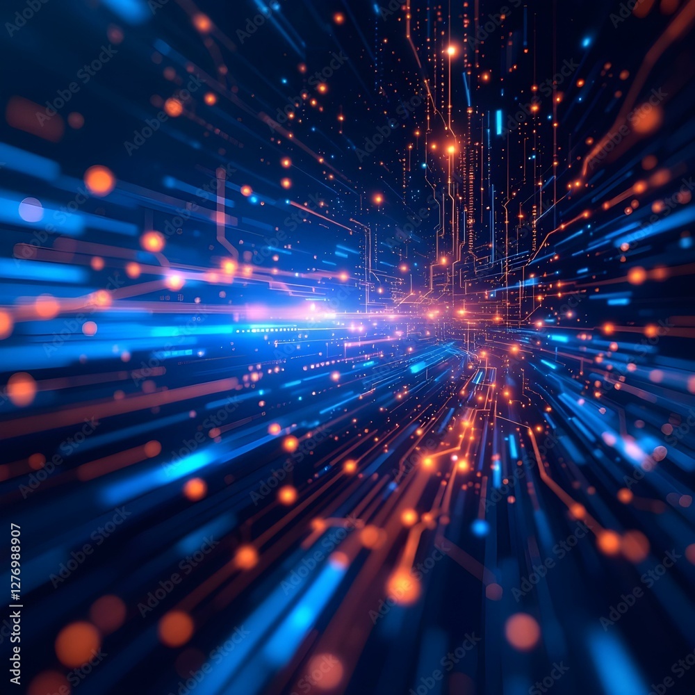 Poster digital speed light tunnel with blue and orange particles. abstract technology background with dynam